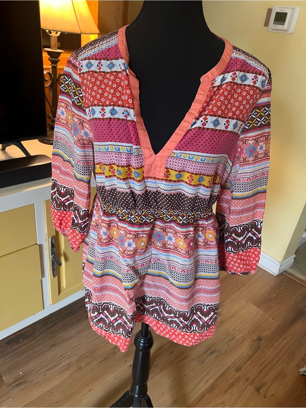 H&M Coral and Pink Mixed-Print V-Neck Tunic